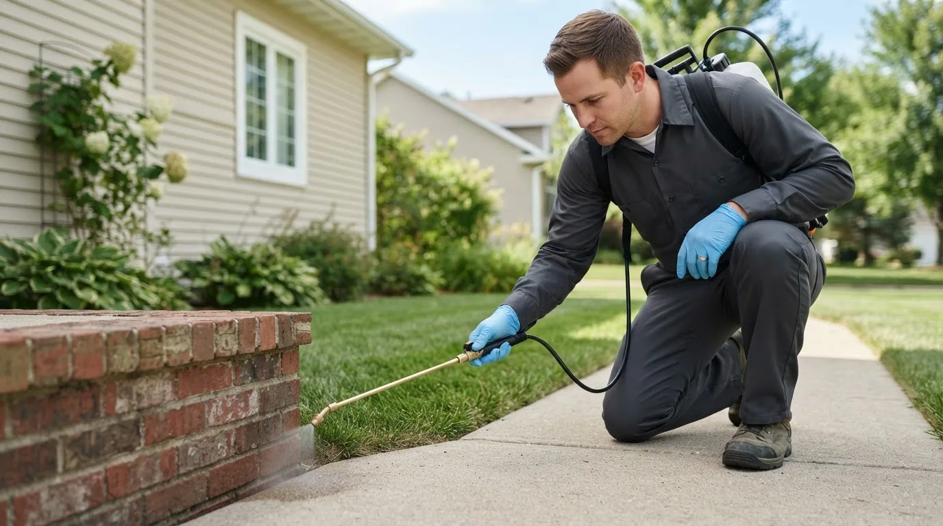Pest control technician treating a home near Fruitland, UT